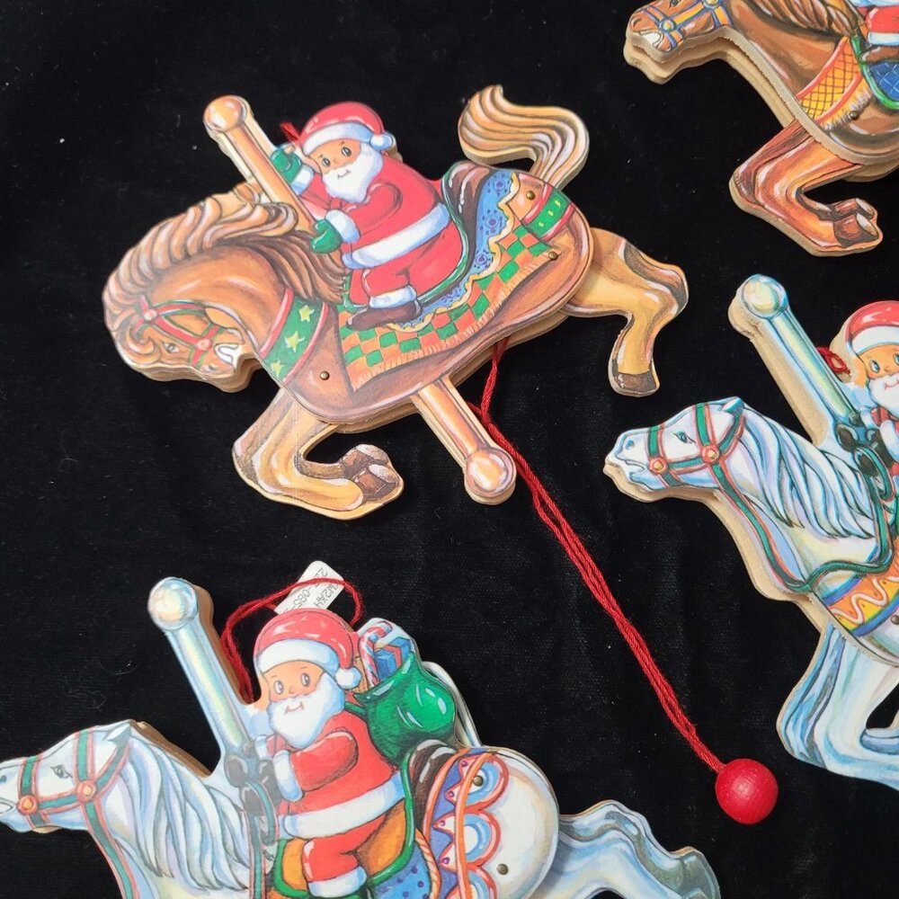 Vintage‎ Carousel Horse with Santa, Germany, Wooden Pull String Jumping Toy #3